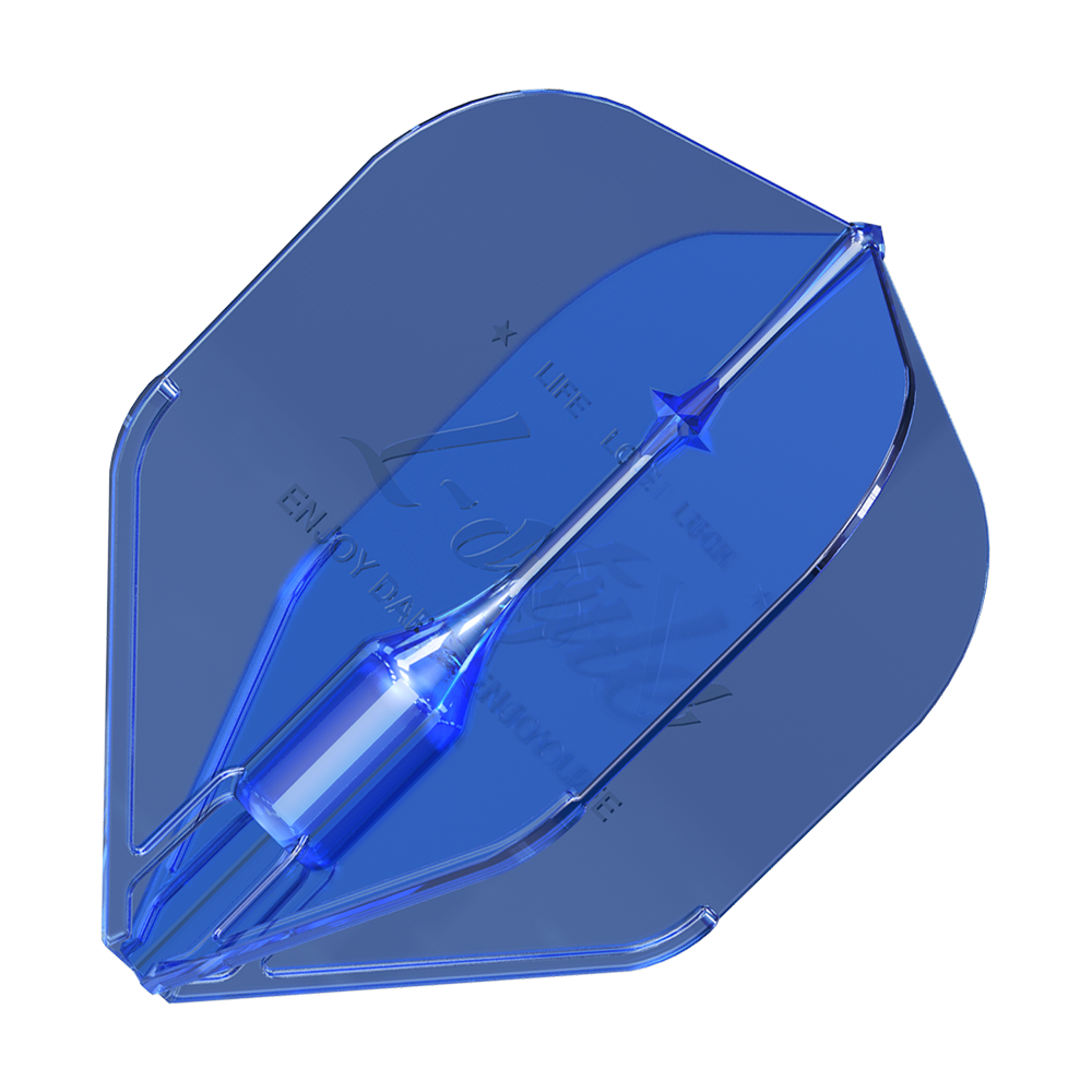 Das Bild zeigt einen blauen L-Style Fantom L1EZ Flight für Darts. Er hat eine durchsichtige, moderne Optik und ist in einem Stück geformt.